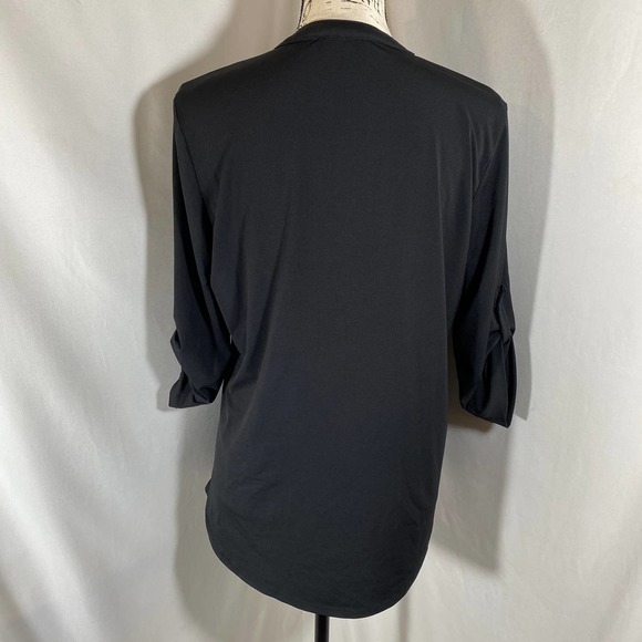 FYLO Woman's Crew Neck 1/2 Zipper Down Roll Up Sleeve Black Stretch Blouse Sz M - Picture 4 of 7